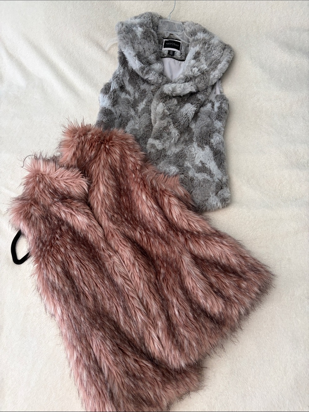 White House Black Market Faux Fur Vest Duo in Gray and Rose